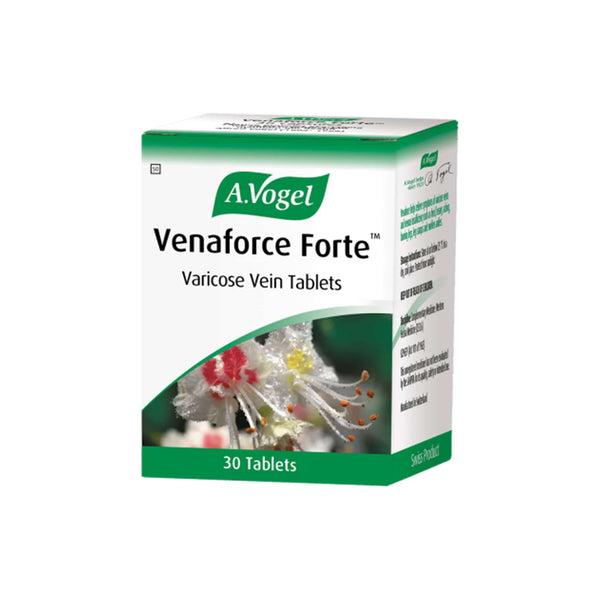 A. Vogel Venaforce Forte tablets for varicose veins, featuring 30 tablets packaging with horse chestnut flower design.