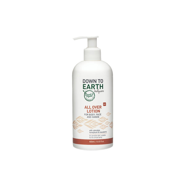 Down To Earth All Over Lotion bottle with pump for nourishing skin on body, face, and hands, suitable for all skin types.