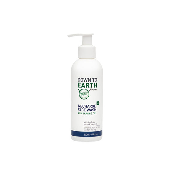 Down to Earth Recharge Face Wash & Shaving Gel bottle, designed for dry and sensitive skin with calming natural ingredients.