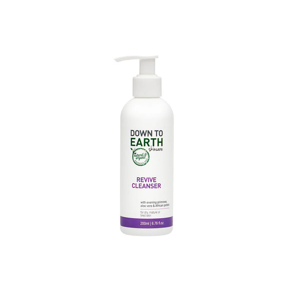 Down to Earth Revive Cleanser bottle for dry, mature skin with evening primrose and aloe vera, 200ml size.