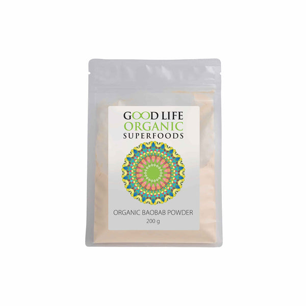 Good Life Organic Baobab Powder package, 200g, featuring vibrant logo and design for superfood enthusiasts.