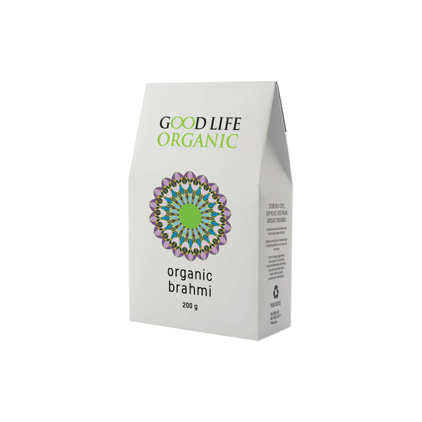 Good Life Organic Brahmi packaging, 200g, showcasing the benefits of memory enhancement and focus.