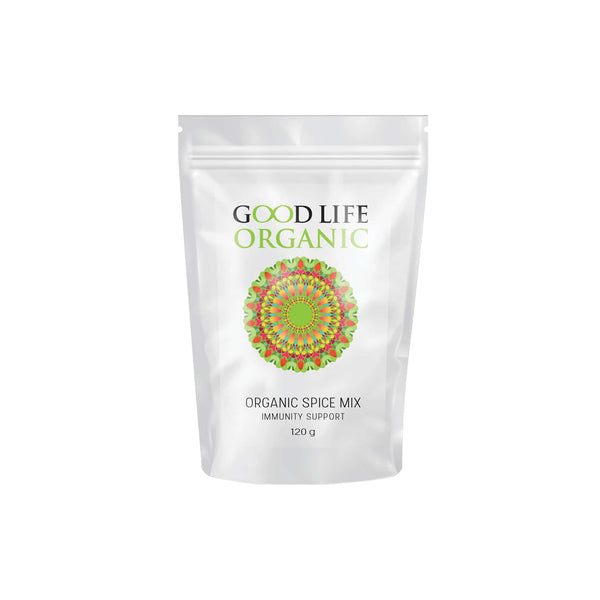 Good Life Organic Organic Spice Mix for immunity support in a 120g resealable pouch with vibrant mandala design.