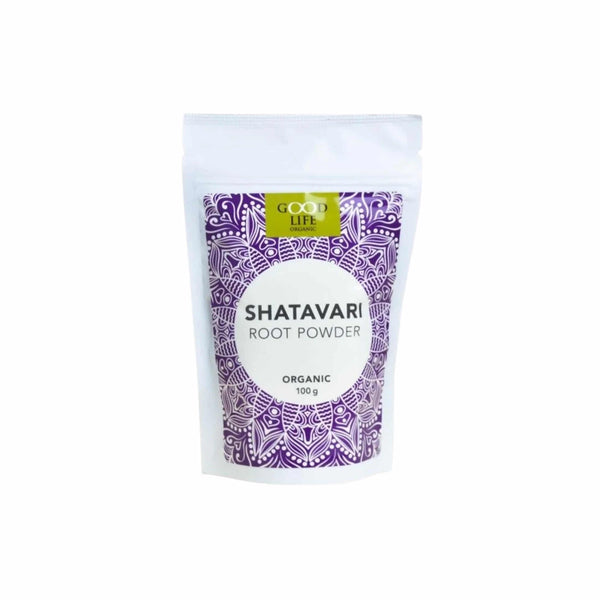 Good Life Organic Shatavari Powder 100g package, promoting female wellness and immune support in traditional medicine.