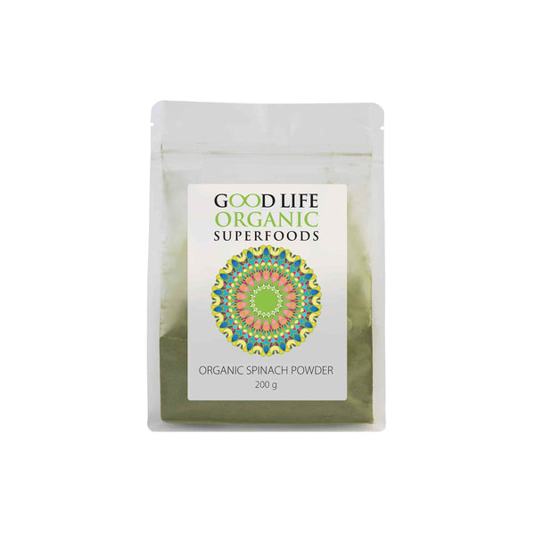 Good Life Organic Spinach Powder packaging, nutrient-rich leafy green superfood, 200g pouch.