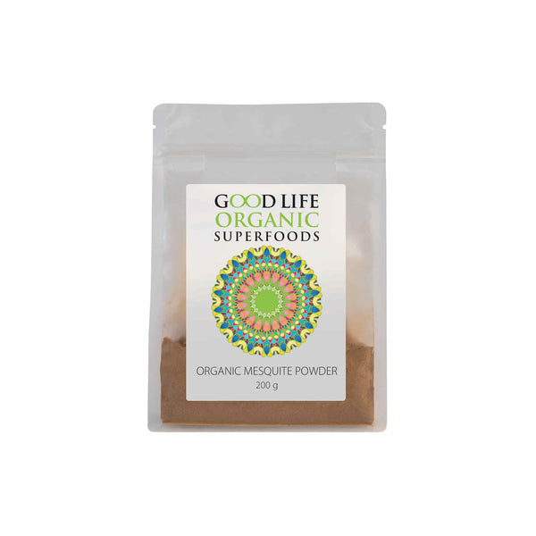 Good Life Organic Mesquite Powder packaging, 200g, highlighting nutrient-rich superfood for health benefits.