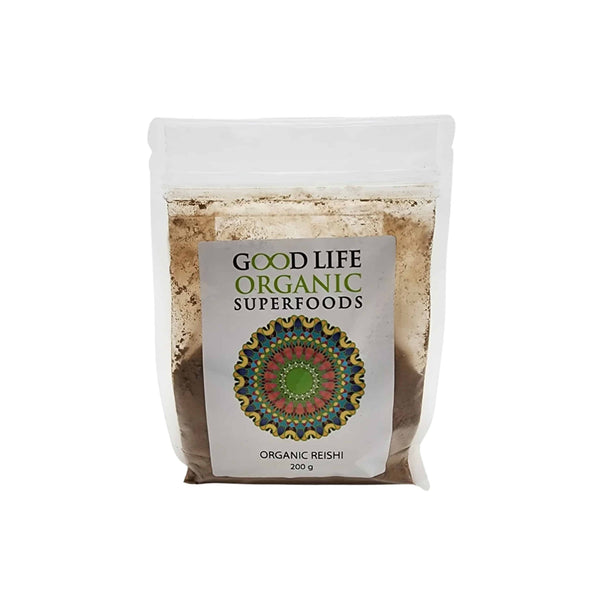 Good Life Organic Reishi Powder packaging featuring a colorful mandala design, highlighting health benefits and vegan protein source.