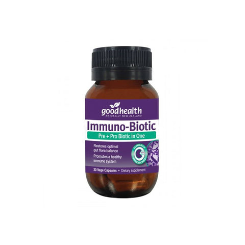 Good Health Immuno-Biotic supplement in brown bottle, promoting gut health and immune support with pre and probiotics.