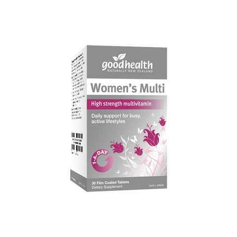 Good Health Women’s Multi supplement box featuring high strength multivitamins for active lifestyles.