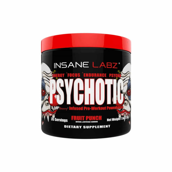 Insane Labz Psychotic pre-workout supplement in Fruit Punch flavor with 35 servings for energy and endurance enhancement.