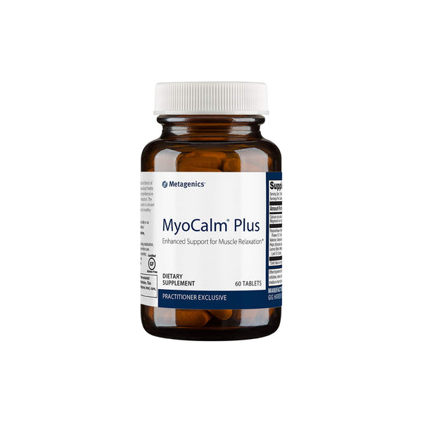 Metagenics MyoCalm Plus dietary supplement bottle for muscle relaxation, containing 60 tablets.