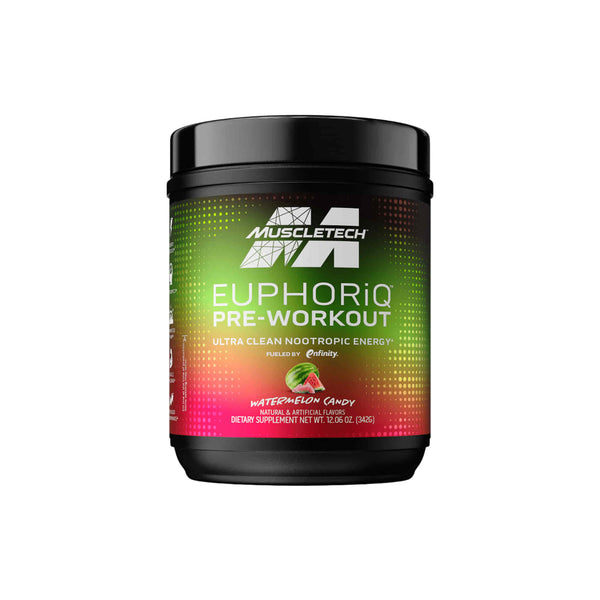 Muscletech EuphoriQ Pre-Workout supplement in watermelon candy flavor, promoting energy and focus without crashes.