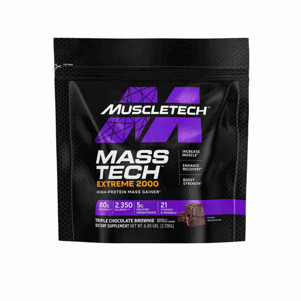 Muscletech Mass Tech Extreme 2000 protein mass gainer packaging, featuring 80g protein and triple chocolate brownie flavor.