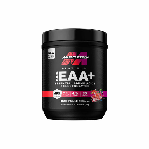 Muscletech Platinum 100% EAA+ in Fruit Punch flavor, essential amino acids and electrolytes for muscle support.