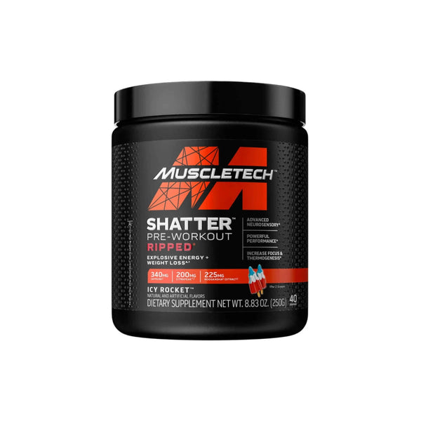 Muscletech Shatter Ripped Pre-Workout in Icy Rocket flavor, 8.83 oz container for energy and weight loss support.