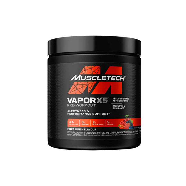 Muscletech Vapor X5 Next Gen pre-workout supplement in Fruit Punch flavor, designed for energy, muscle pumps, and performance support.