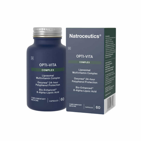 Natroceutics Opti-Vita Complex liposomal multivitamin capsules with packaging, supporting optimal health and absorption.