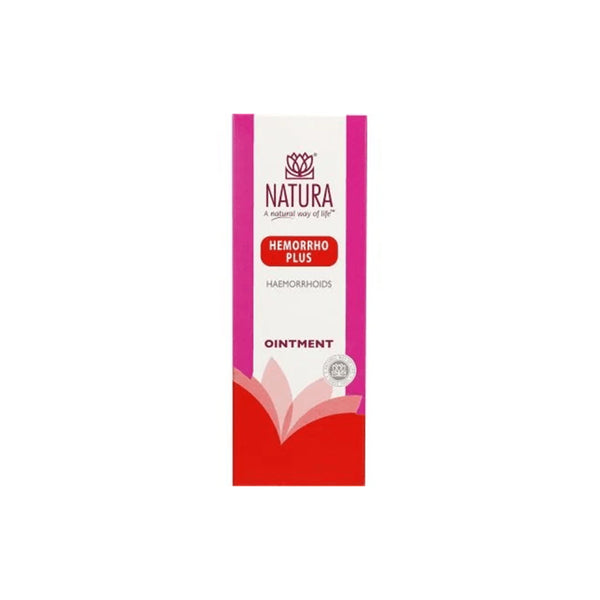 Natura Hemorro + topical ointment packaging for relieving external haemorrhoids and itching.