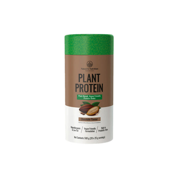 Nature's Nutrition Plant Protein in chocolate flavor, a vegan-friendly, 100% plant-based protein blend.