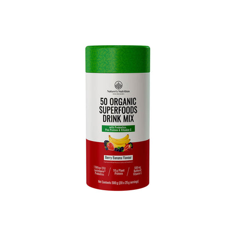 Nature's Nutrition 50 Organic Superfoods Drink Mix in Berry Banana flavor, promoting health with probiotics and plant protein.