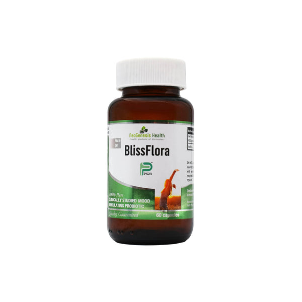 Bottle of NeoGenesis BlissFlora psychobiotic for mood and cognitive support with 60 capsules.