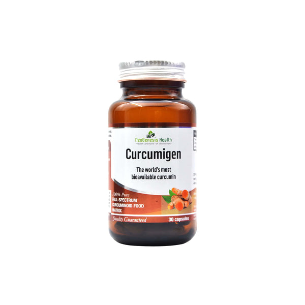 NeoGenesis Curcumigen bottle featuring bioavailable curcumin capsules for enhanced absorption and anti-inflammatory support.