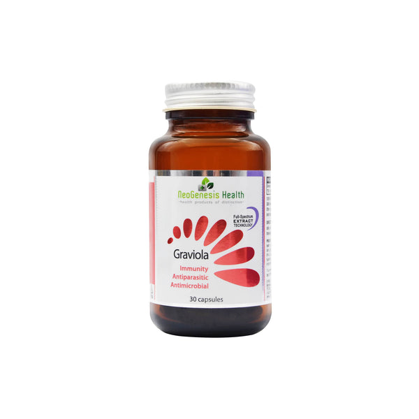 NeoGenesis Graviola supplement bottle with 30 capsules, promoting immunity and antimicrobial properties.