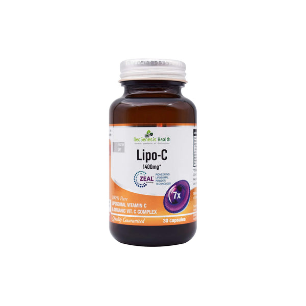 NeoGenesis Lipo-C 1400mg supplement, featuring liposomal vitamin C for immune support and health. 30 capsules per bottle.