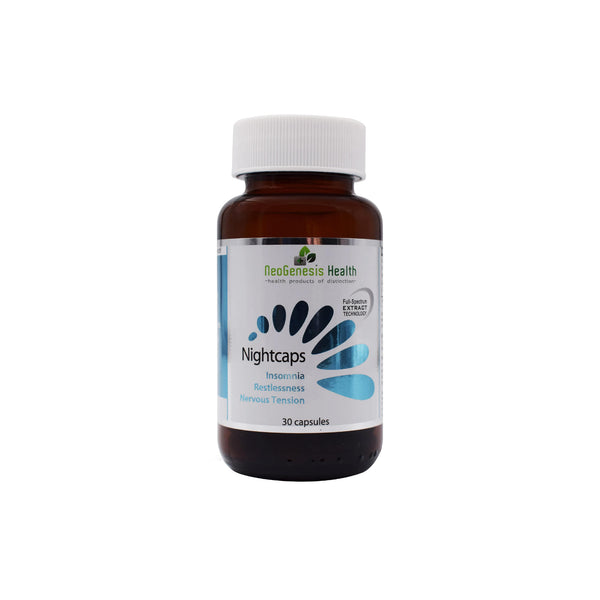 NeoGenesis Nightcaps bottle for insomnia relief, featuring 30 vegan capsules with natural ingredients.