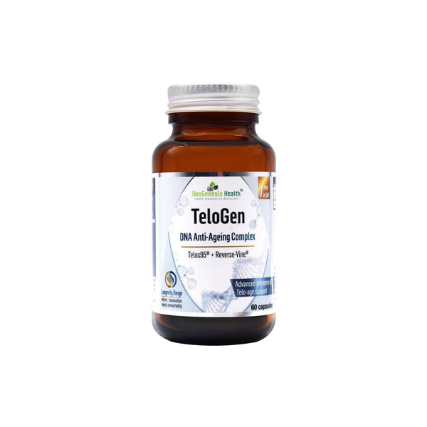 NeoGenesis TeloGen anti-aging supplement bottle for cellular longevity and telomere health.