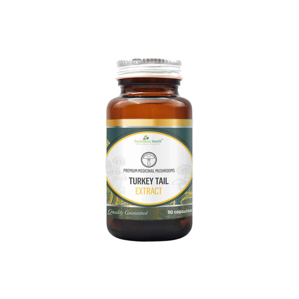 NeoGenesis Turkey Tail Extract mushroom capsules in a brown bottle for immune support and overall well-being.