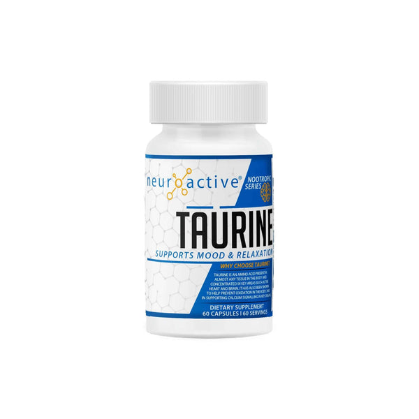 NeuroActive Taurine supplement bottle supports mood and relaxation, featuring 60 capsules for improved brain health.