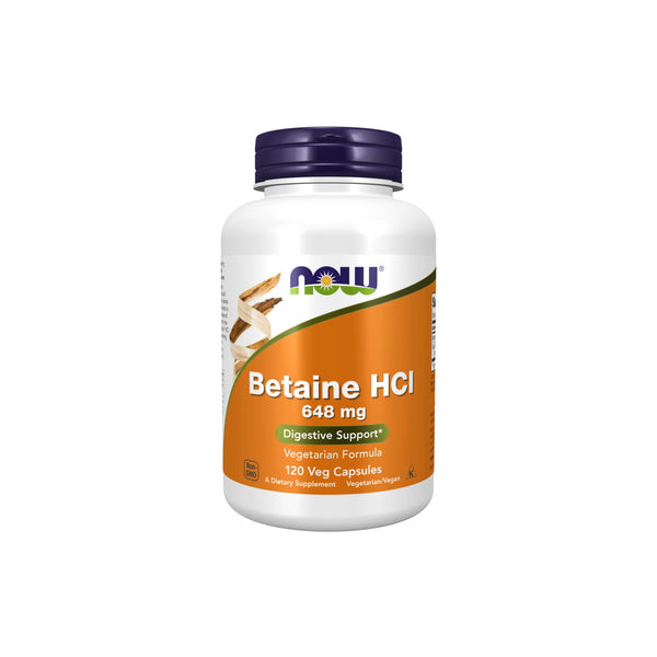 NOW Betaine HCl 648 mg supplement bottle for digestive support, featuring 120 vegetarian capsules.