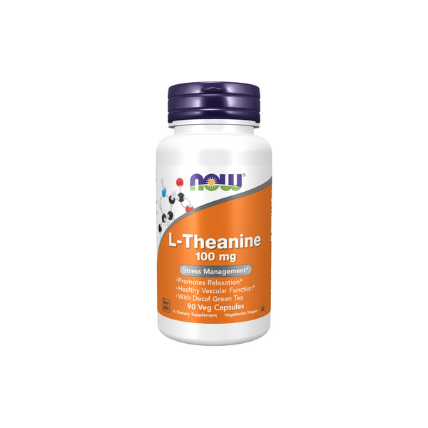 Now Foods L-Theanine 100 mg supplement bottle, promotes relaxation and supports healthy vascular function.