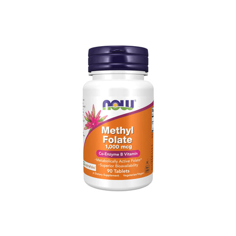 Now Foods Methyl Folate 1000mcg bottle, featuring 90 vegetarian tablets for neurological health and superior bioavailability.