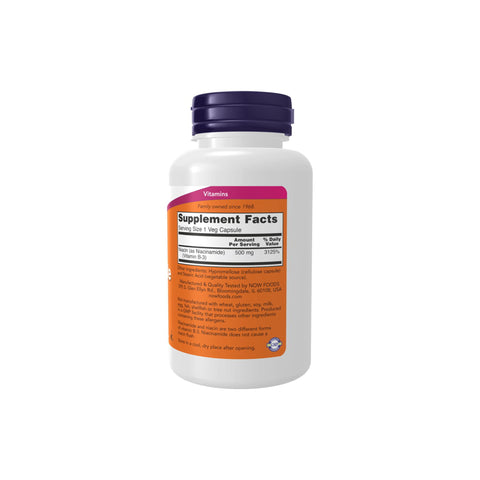 Now Foods Niacinamide 500mg dietary supplement for energy production in a white bottle with purple lid.