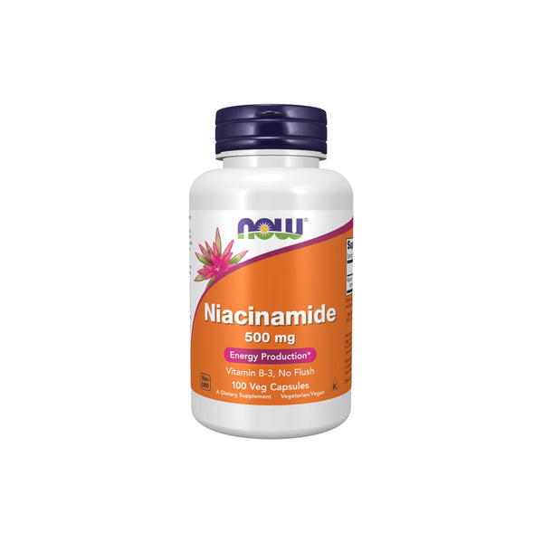 Now Foods Niacinamide 500mg dietary supplement for energy production in a white bottle with purple lid.