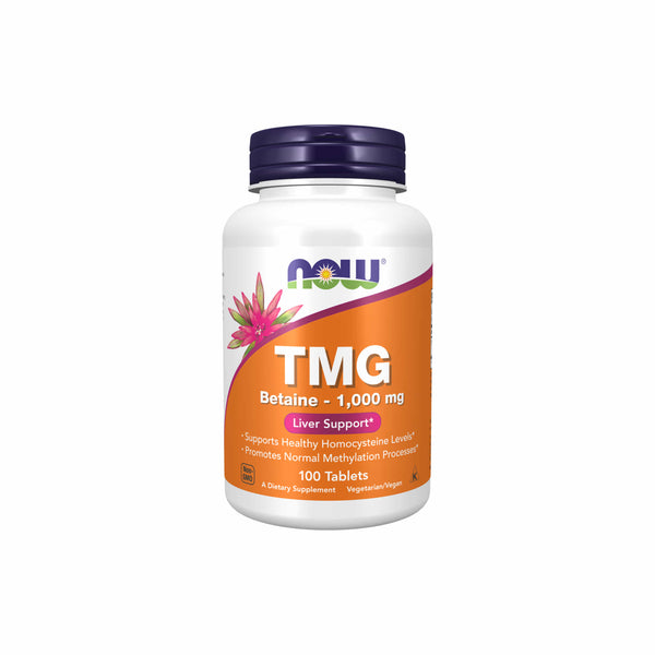 Now Foods TMG Betaine 1000mg supplement bottle for liver support, 100 tablets, promoting healthy homocysteine levels.