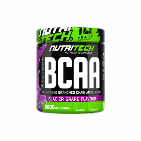 Nutritech BCAA 5000 Glacier Grape flavor supplement, 5000mg instantized branched-chain amino acids for muscle recovery.