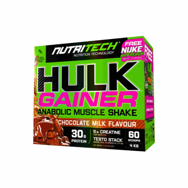 Nutritech Hulk Gainer Box 4kg, chocolate milk flavor, 30g protein, anabolic muscle shake for building strength.