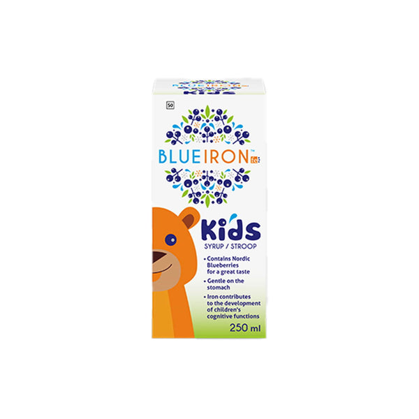 Blueiron Kids syrup packaging featuring a cartoon bear, enriched with Nordic blueberries, 250ml.