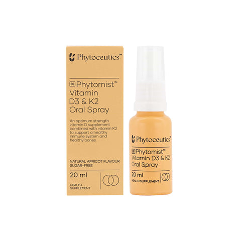 Phytoceutics Phytomist Vitamin D3 & K2 Oral Spray 20ml with sugar-free natural apricot flavor for optimal health.