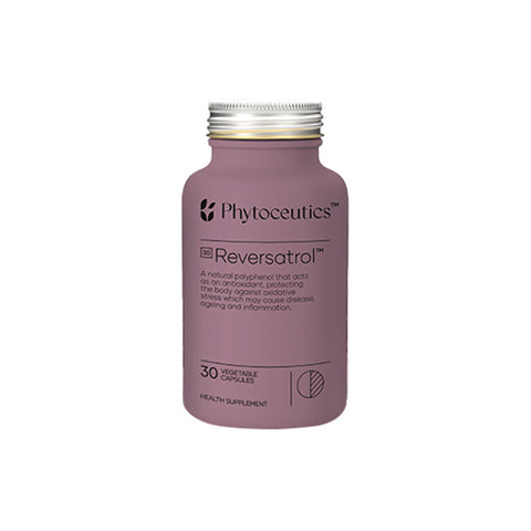 Phytoceutics Reversatrol antioxidant supplement in a bottle, featuring 30 vegetable capsules for healthy aging.