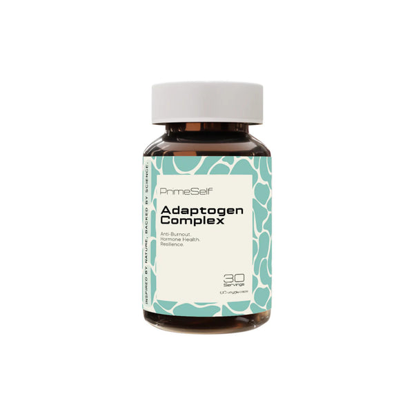 PrimeSelf Adaptogen Complex bottle, a herbal supplement for stress response, immunity, and vitality, featuring 30 capsules.