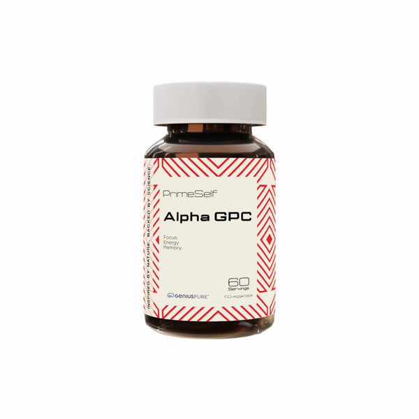 PrimeSelf Alpha GPC bottle for cognitive enhancement, energy, and focus, featuring 60 capsules.