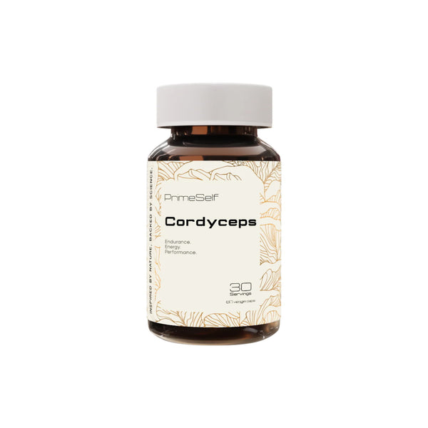 PrimeSelf Cordyceps mushroom supplement bottle for endurance, energy, and vitality, 30 capsules.