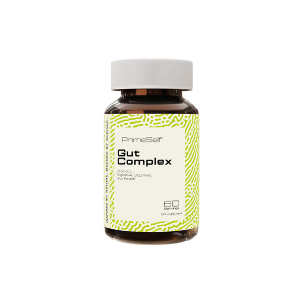 PrimeSelf Gut Complex probiotic supplement bottle for improved gut health and digestion support.