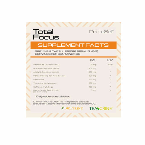 PrimeSelf Total Focus supplement bottle, designed to enhance focus, energy, and mood for optimal performance.