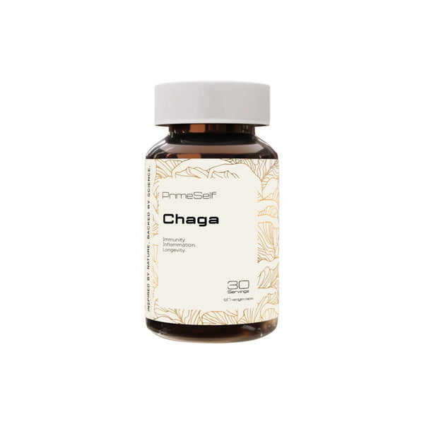 Organic PrimeSelf Chaga mushroom supplement for immunity support and anti-aging benefits. 30 capsules in a clear jar.