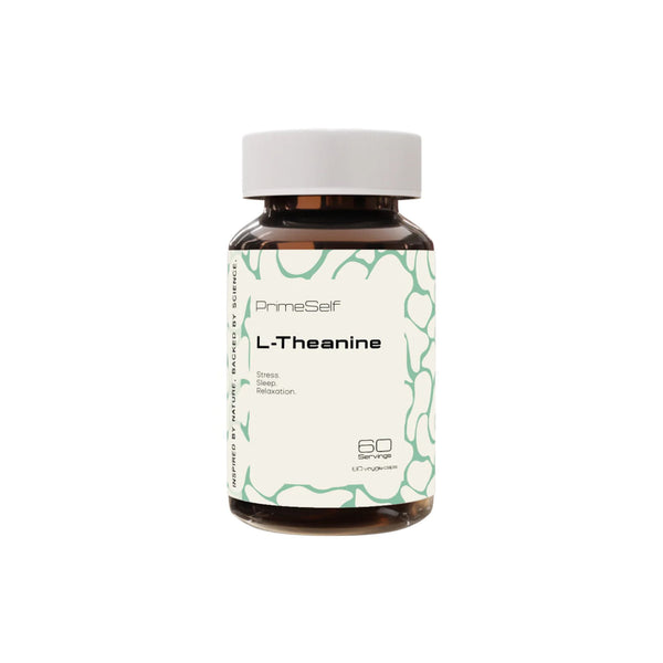 PrimeSelf L-Theanine supplement bottle with 60 capsules for relaxation and cognitive enhancement.